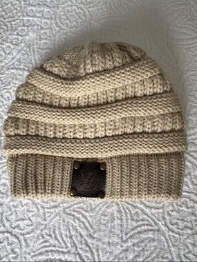 Chunky Knit C.C. Beanie Hat in Cream LV Patch